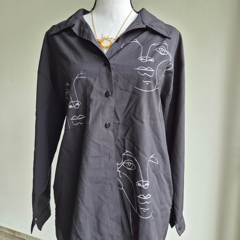 Abstract Line Art Graphic Button Down Women Large Art to Wear Grunge Avant Garde